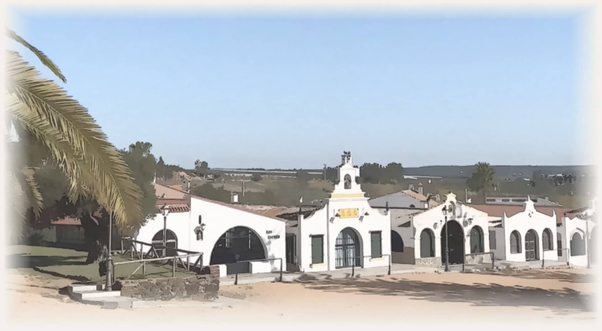 Aldeia e ermida de La Bella (Lepe), entorno de Bella Beach, em aquarela