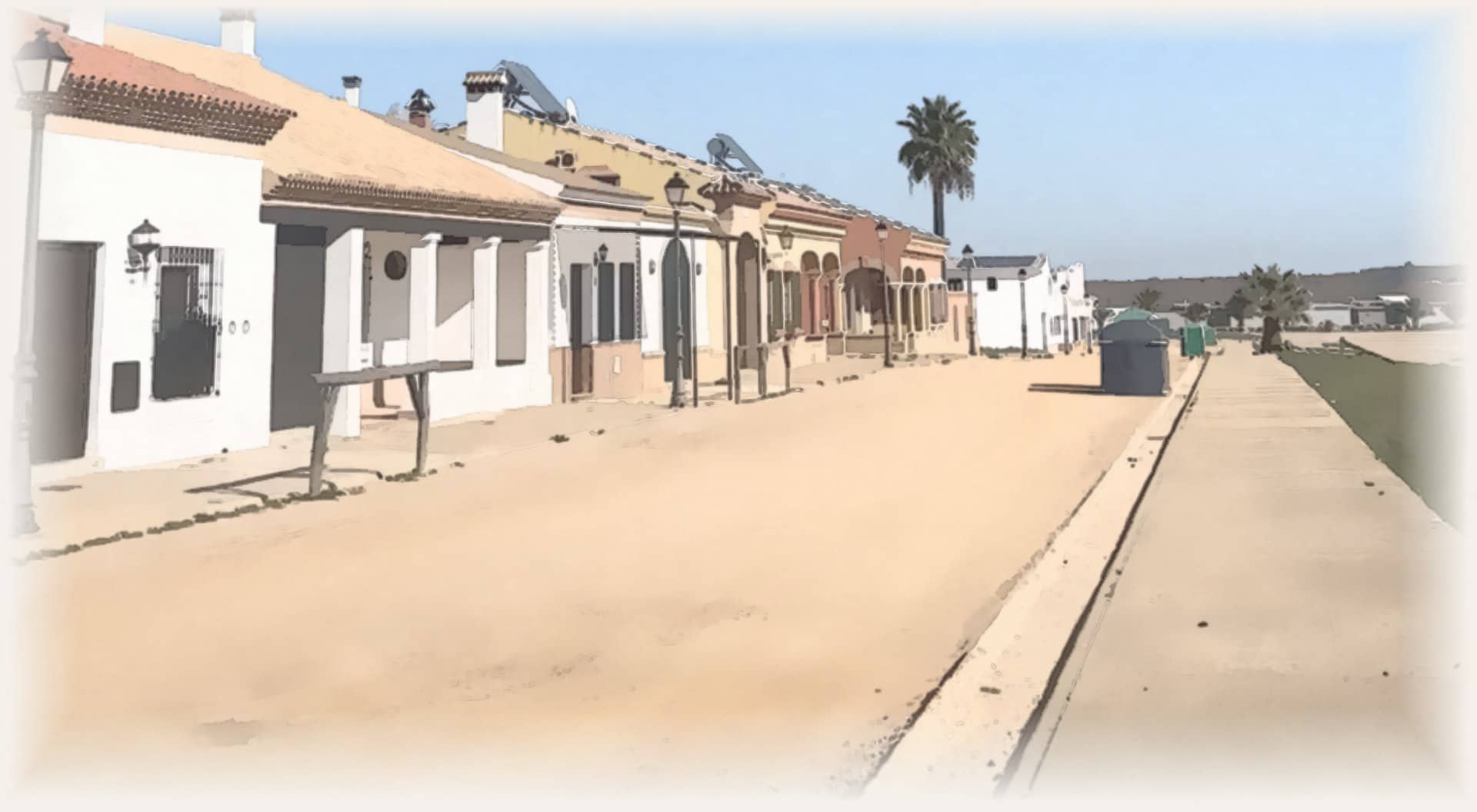 Calle de casas bajas de La Bella (Lepe), entorno de Bella Beach, em aquarela