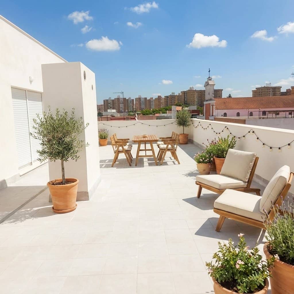 Recreación del solárium del ático del Edificio Nuestra Señora con vistas a Sevilla. Imagen generada con IA, no contractual