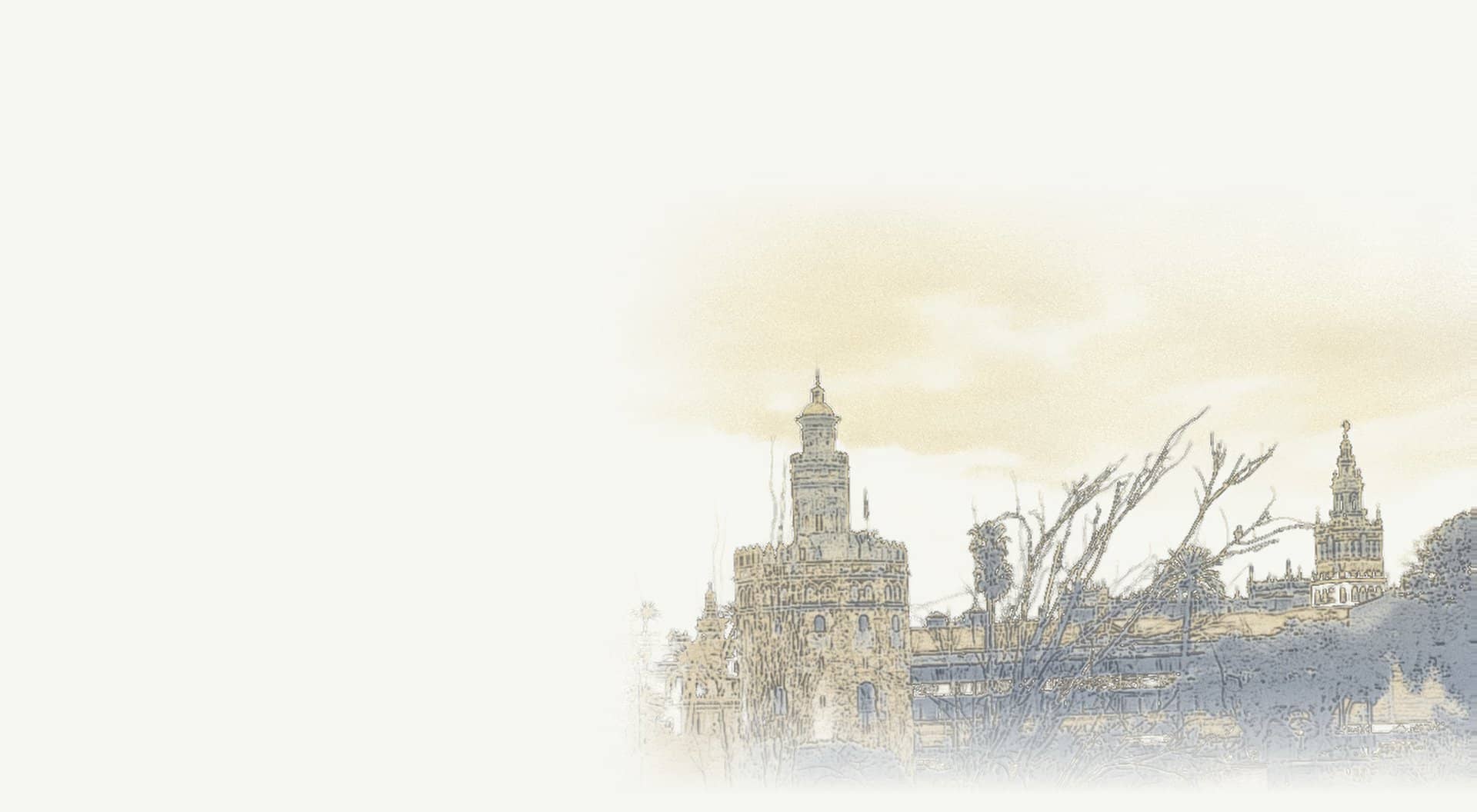 Ilustração de ambiente: folha de aquarela do rio Guadalquivir com a Torre do Oro e a Giralda, Sevilha
