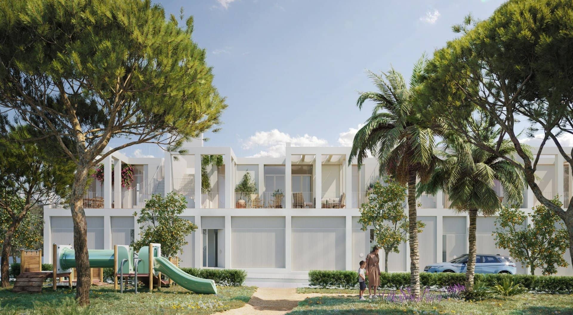 Infografía del proyecto Ronda de la Feria: fachada con jardín, pinos y palmeras. Imagen no contractual