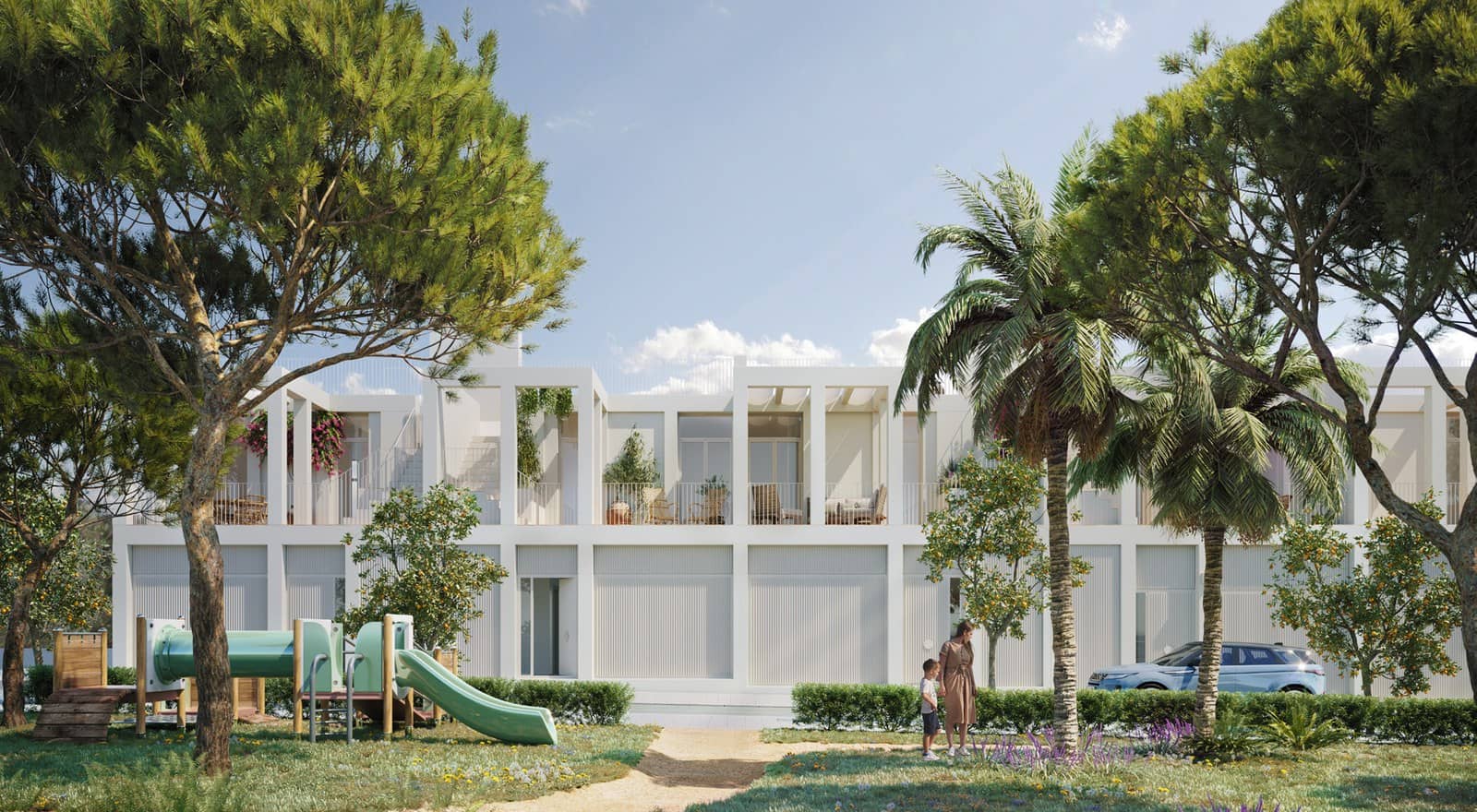 Infografia do projeto Ronda de la Feria: conjunto de moradias com jardim comunitário