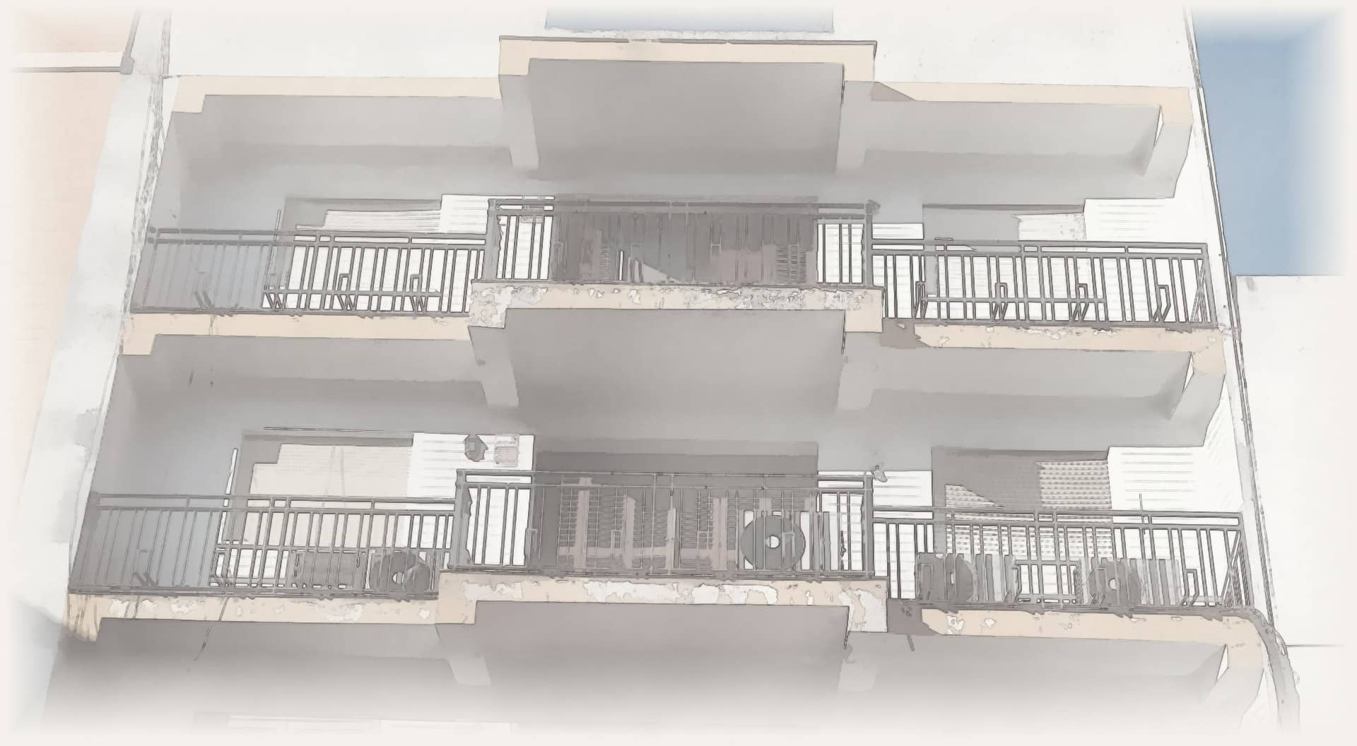 Ilustración en acuarela de la fachada del Edificio Santa Lucía, Sevilla
