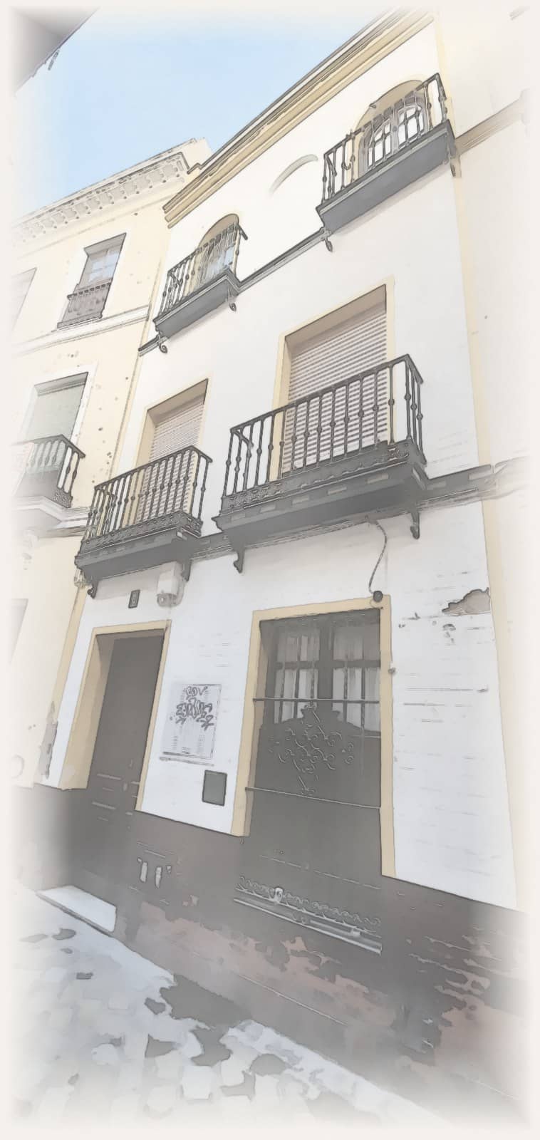 Ilustración en acuarela de la fachada en esquina, calle Ximénez de Enciso