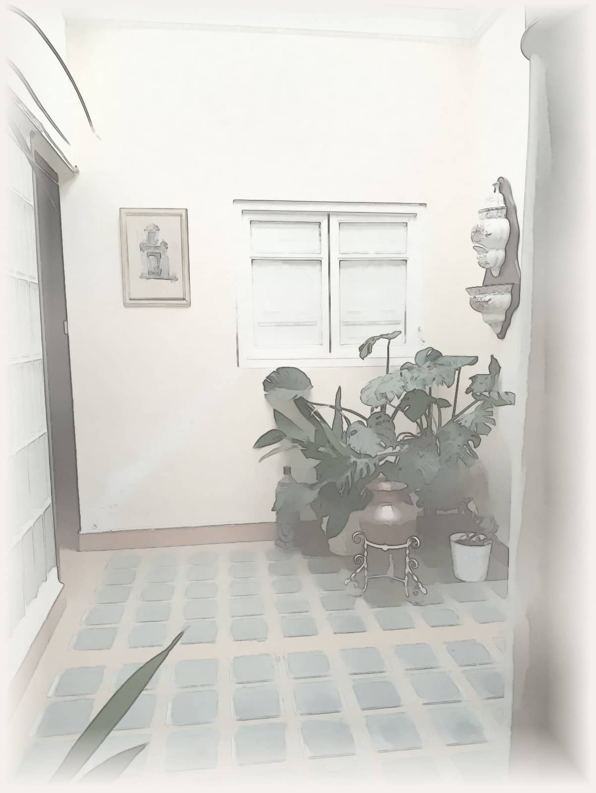 Ilustración en acuarela del patio de la casa